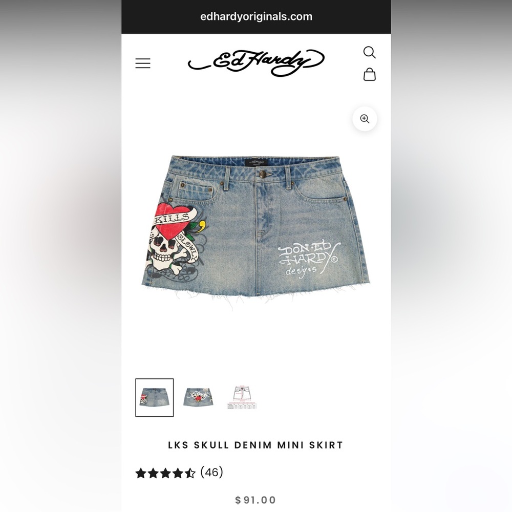Ed Hardy Blue Denim Mini Skirt with Skull Design